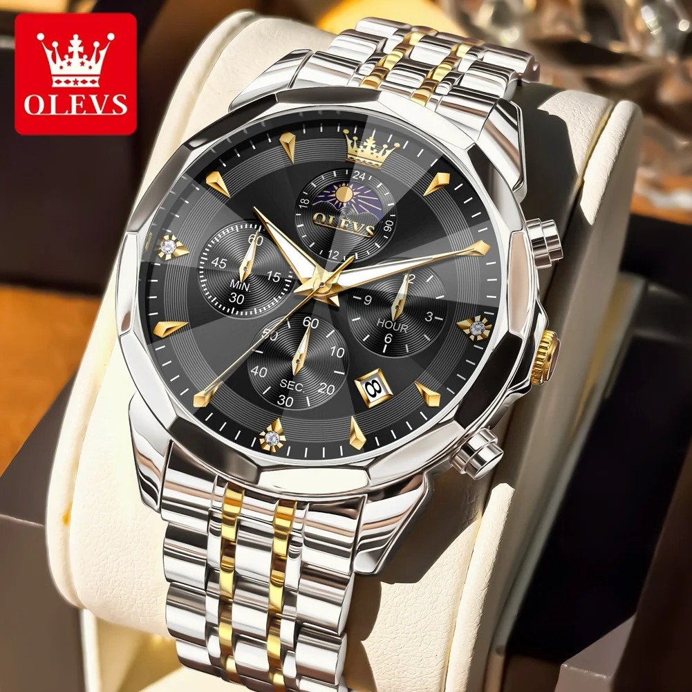 OLEVS Original Fashion Moon Phase Men's Watches Waterproof Chronograph Quartz Watch Stainless steel Calendar Brand Wristwatch