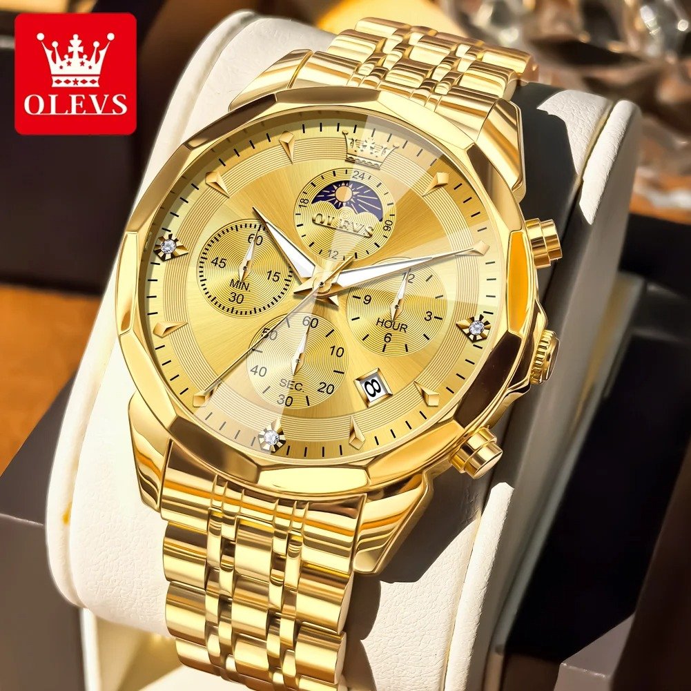OLEVS Original Fashion Moon Phase Men's Watches Waterproof Chronograph Quartz Watch Stainless steel Calendar Brand Wristwatch
