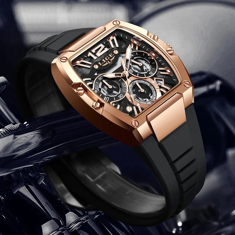 New LIGE Fashion Black Silicone Watch Men Sports Square Chronograph Wrist Watches For Men Waterproof Luminous Men's Quartz Watch