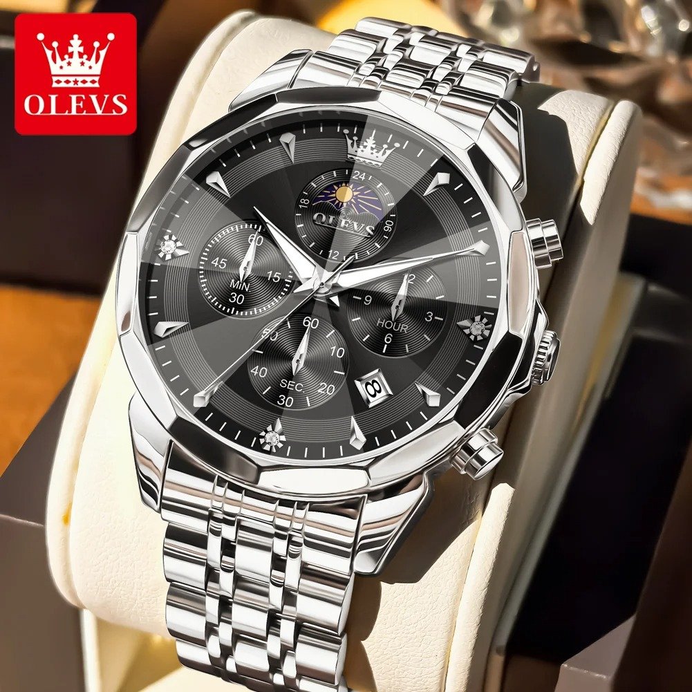 OLEVS Original Fashion Moon Phase Men's Watches Waterproof Chronograph Quartz Watch Stainless steel Calendar Brand Wristwatch