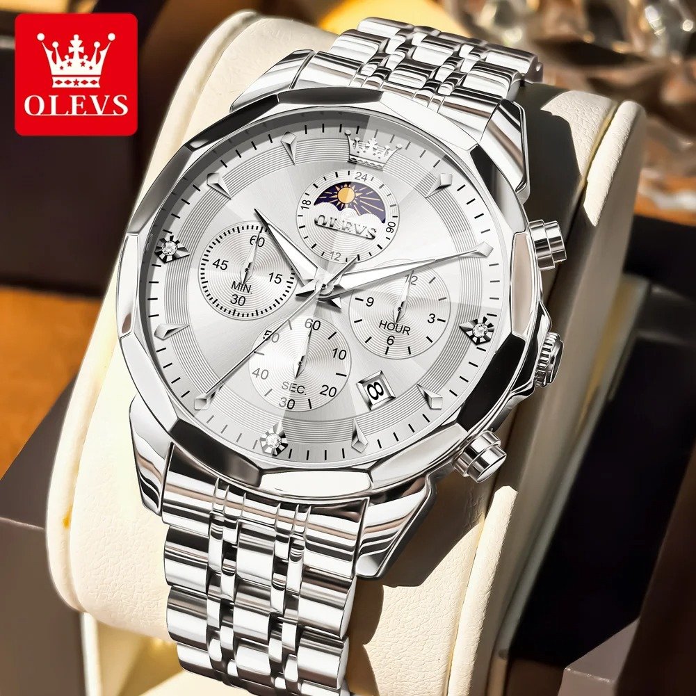OLEVS Original Fashion Moon Phase Men's Watches Waterproof Chronograph Quartz Watch Stainless steel Calendar Brand Wristwatch