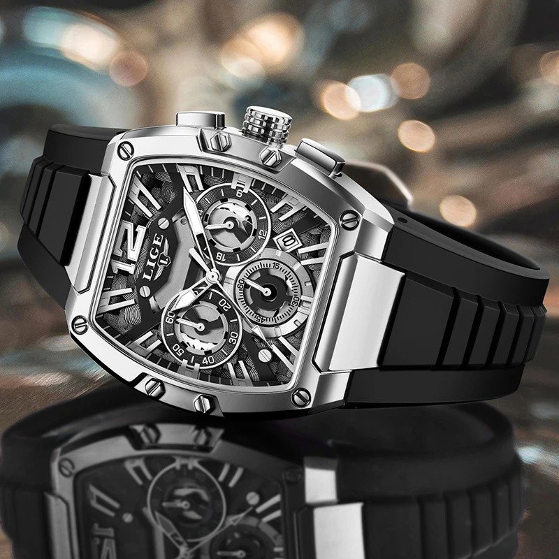 New LIGE Fashion Black Silicone Watch Men Sports Square Chronograph Wrist Watches For Men Waterproof Luminous Men's Quartz Watch