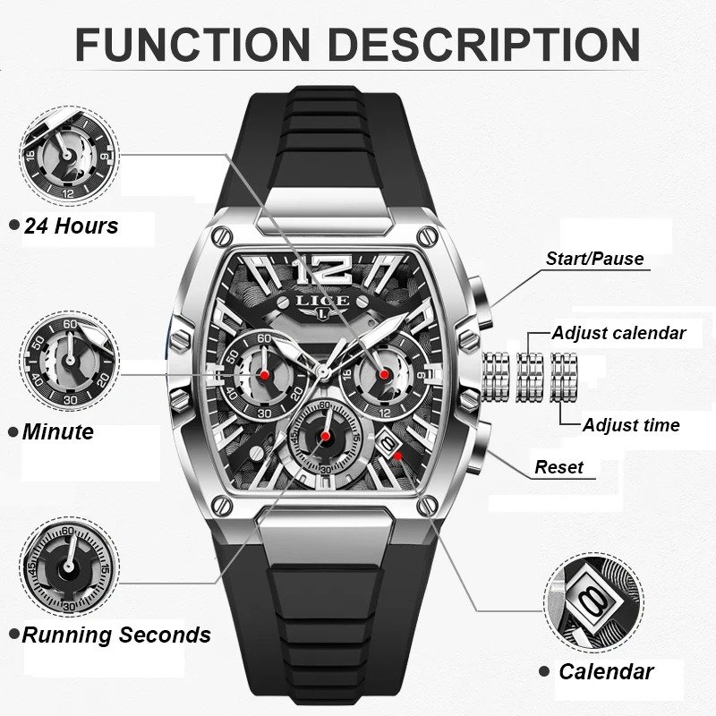 New LIGE Fashion Black Silicone Watch Men Sports Square Chronograph Wrist Watches For Men Waterproof Luminous Men's Quartz Watch