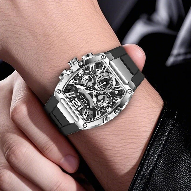 New LIGE Fashion Black Silicone Watch Men Sports Square Chronograph Wrist Watches For Men Waterproof Luminous Men's Quartz Watch