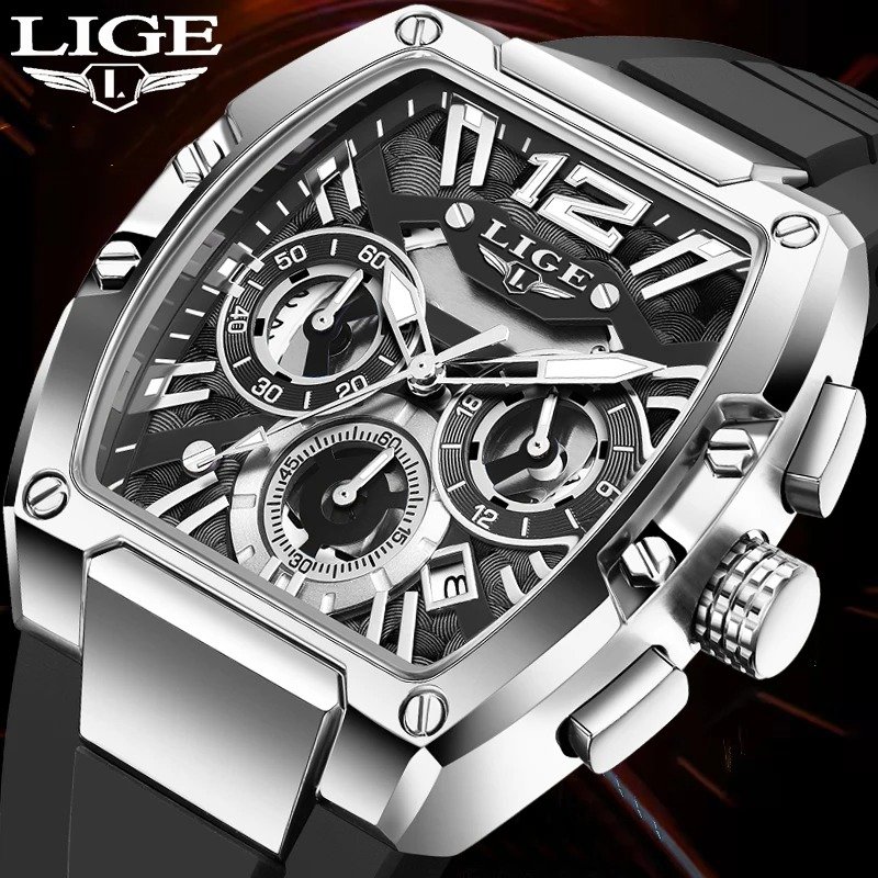 New LIGE Fashion Black Silicone Watch Men Sports Square Chronograph Wrist Watches For Men Waterproof Luminous Men's Quartz Watch