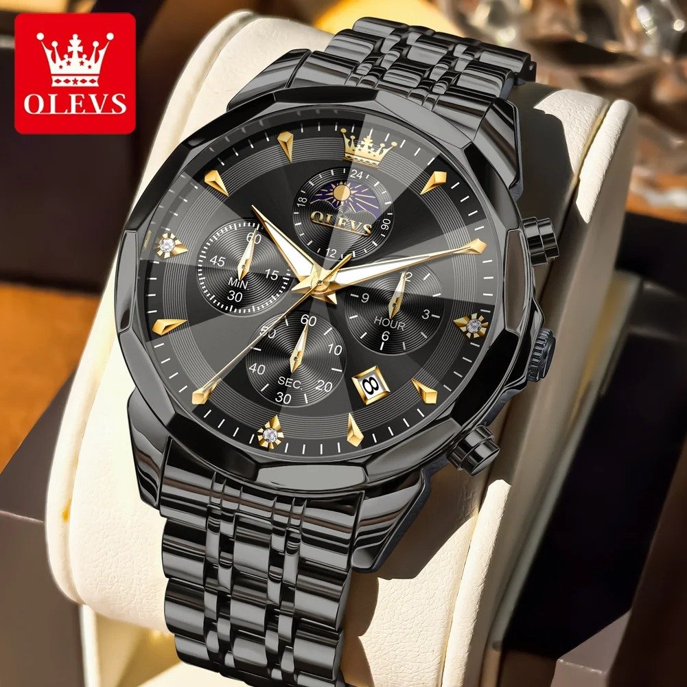 OLEVS Original Fashion Moon Phase Men's Watches Waterproof Chronograph Quartz Watch Stainless steel Calendar Brand Wristwatch